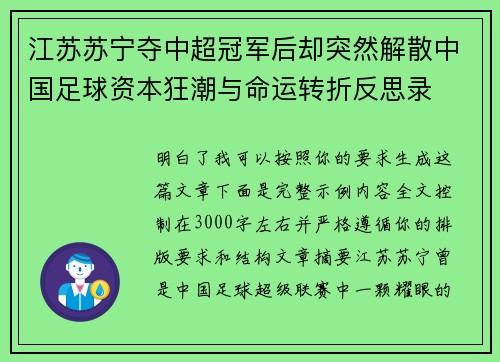 江苏苏宁夺中超冠军后却突然解散中国足球资本狂潮与命运转折反思录